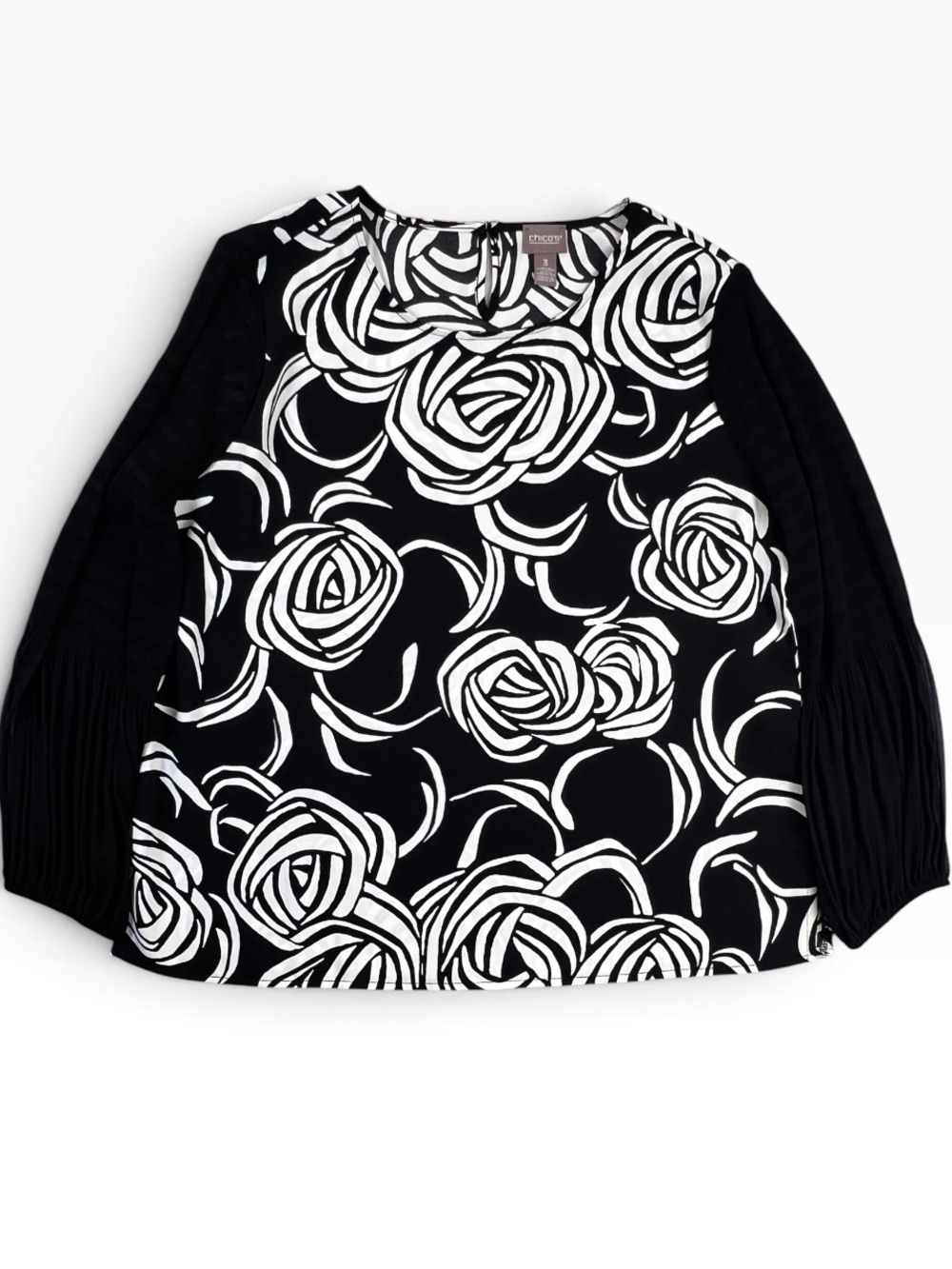 Chico’s Black White Abstract Rose Floral Blouse Sheer Balloon Sleeve Size 3